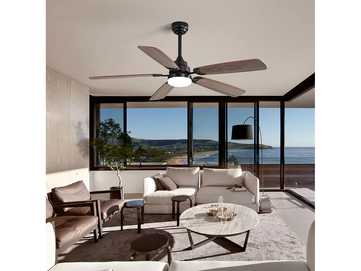 Ventilador de techo de 132 cm con iluminación LED regulable, 6 velocidades y temporizador (1/4/8 h).