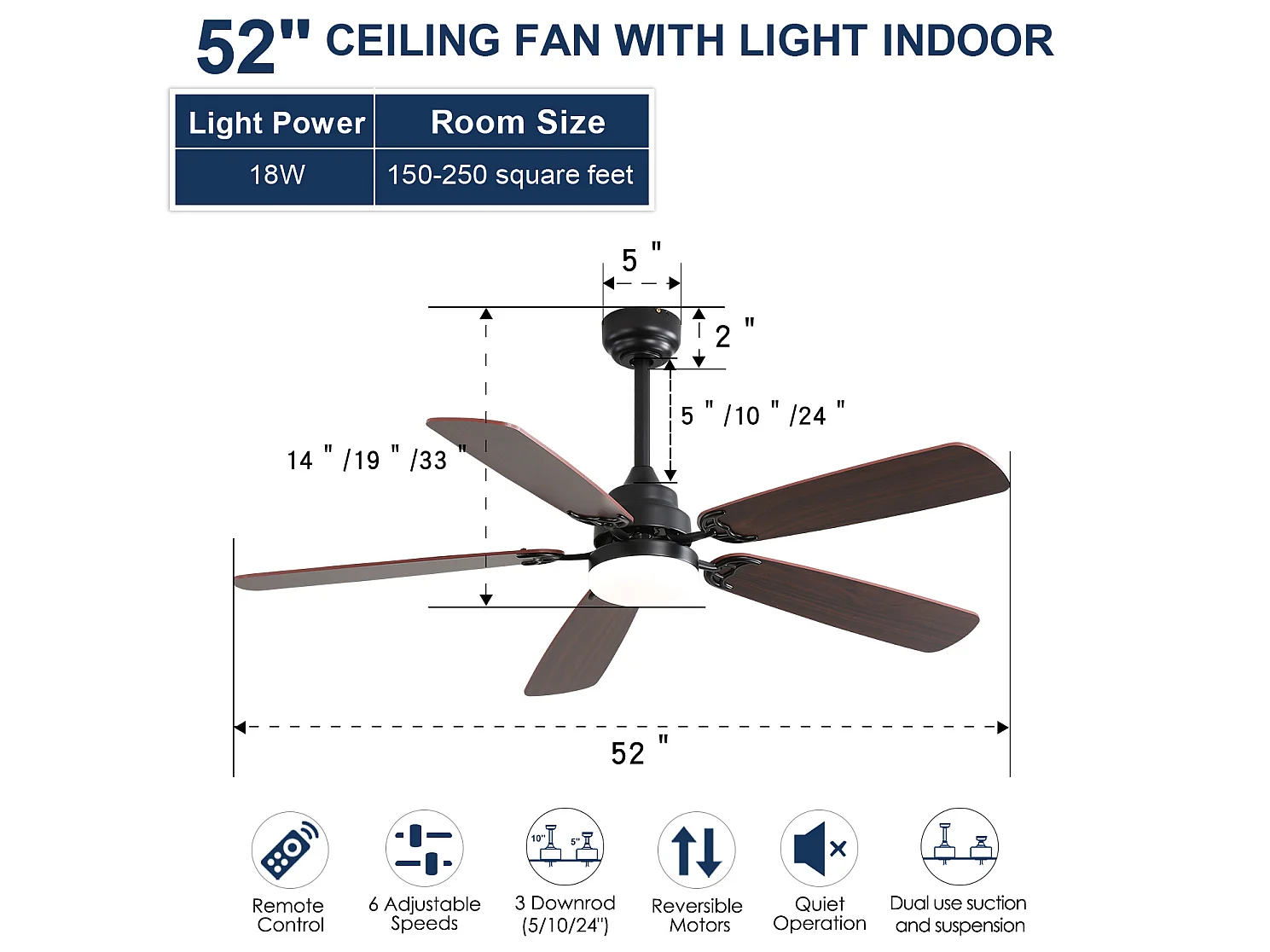 Ventilador de techo de 132 cm con iluminación LED regulable, 6 velocidades y temporizador (1/4/8 h).