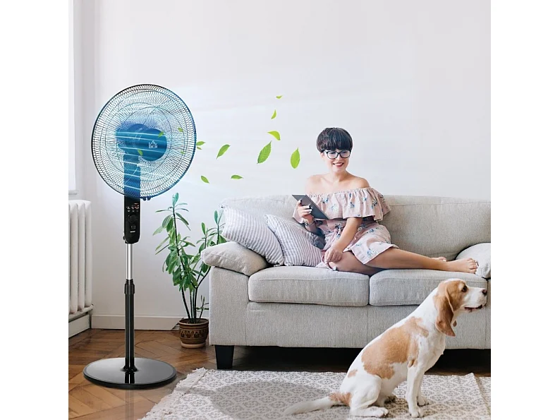 Ventilateur sur pied noir 110-124 cm avec 3 vitesses , oscillation 70° et minuterie 7,5 h