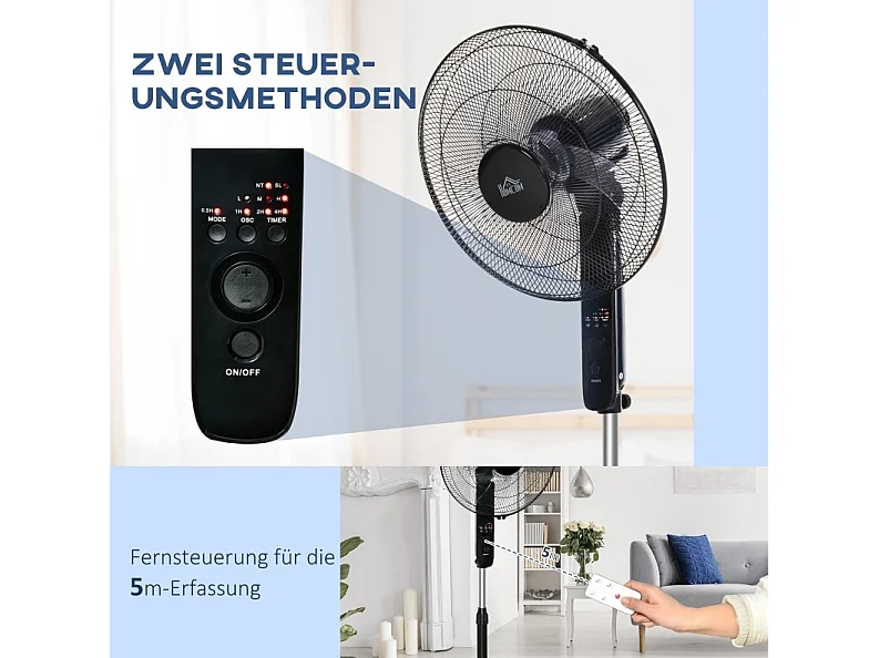 Ventilateur sur pied noir 110-124 cm avec 3 vitesses , oscillation 70° et minuterie 7,5 h