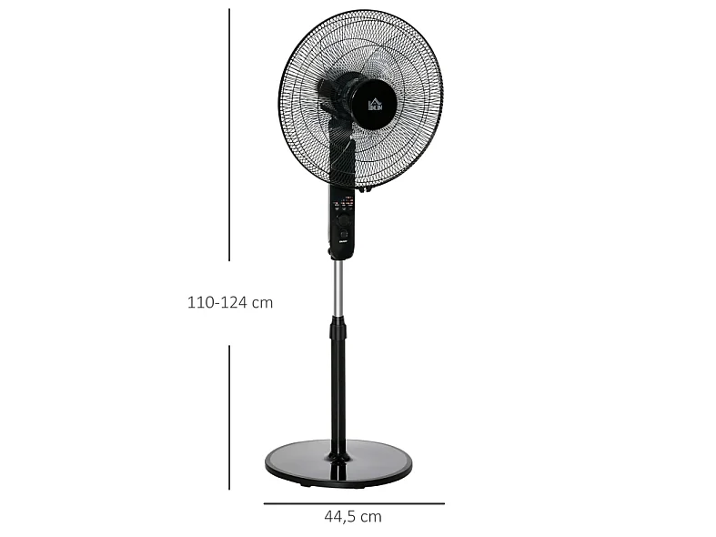 Ventilateur sur pied noir 110-124 cm avec 3 vitesses , oscillation 70° et minuterie 7,5 h