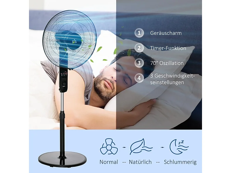 Ventilateur sur pied noir 110-124 cm avec 3 vitesses , oscillation 70° et minuterie 7,5 h