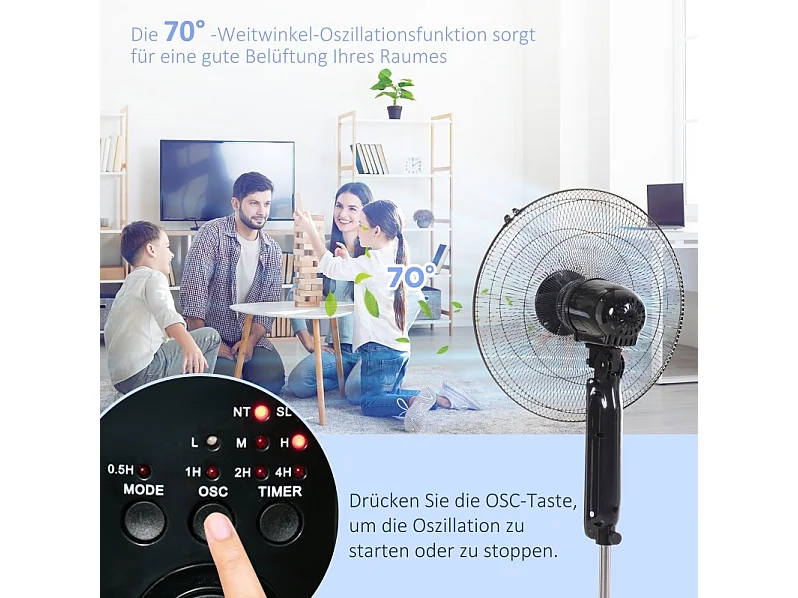 Ventilateur sur pied noir 110-124 cm avec 3 vitesses , oscillation 70° et minuterie 7,5 h