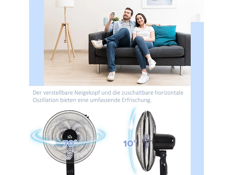 Ventilateur sur pied noir 110-124 cm avec 3 vitesses , oscillation 70° et minuterie 7,5 h