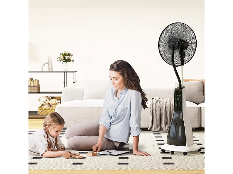 Ventilateur sur pied 125 cm blanc avec brumisation, réservoir 3 L, télécommande