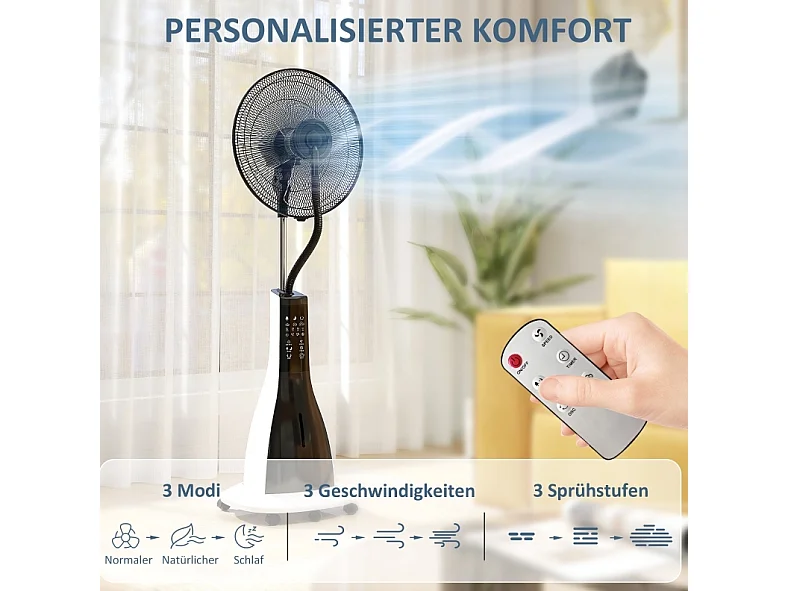 Ventilateur sur pied 125 cm blanc avec brumisation, réservoir 3 L, télécommande