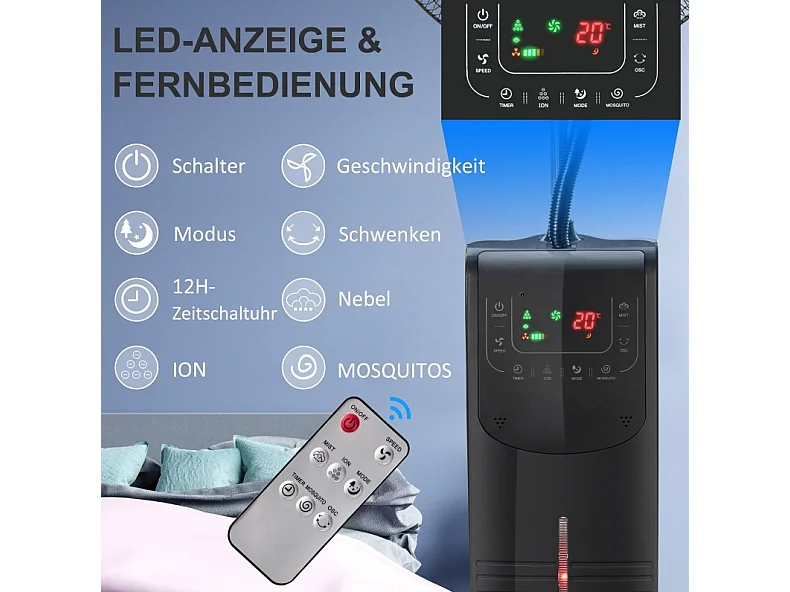 Ventilateur sur pied brumisateur avec télécommande, minuterie et oscillation - Noir