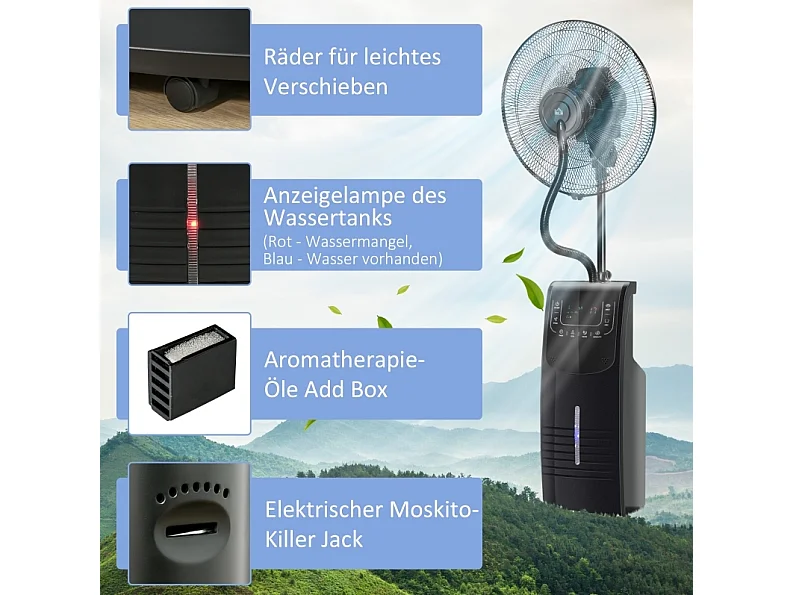 Ventilateur sur pied brumisateur avec télécommande, minuterie et oscillation - Noir