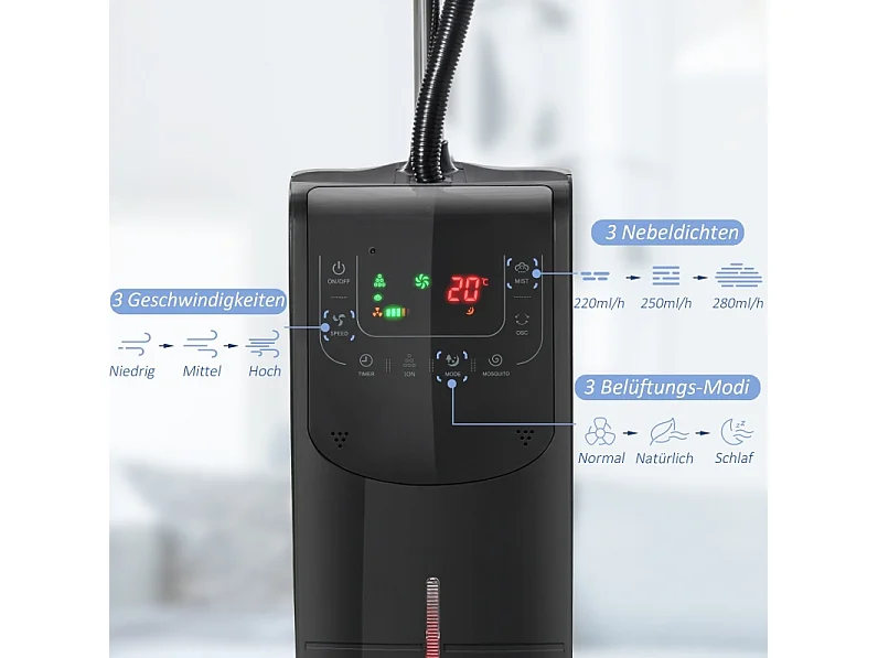 Ventilateur sur pied brumisateur avec télécommande, minuterie et oscillation - Noir