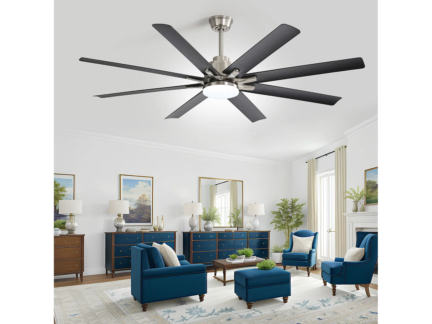 Ventilateur de plafond intelligent 168 cm avec 8 pales, éclairage LED à intensité variable et 6 vitesses (réversible)