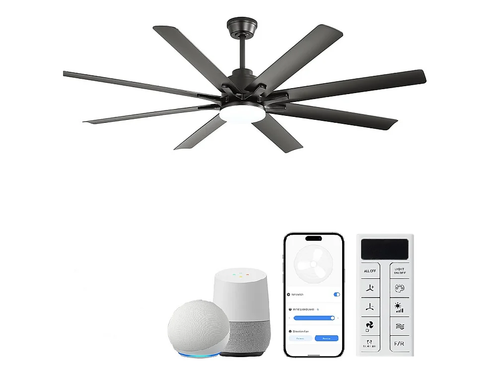 Ventilateur de plafond intelligent 168 cm avec 8 pales, éclairage LED à intensité variable et 6 vitesses (réversible)