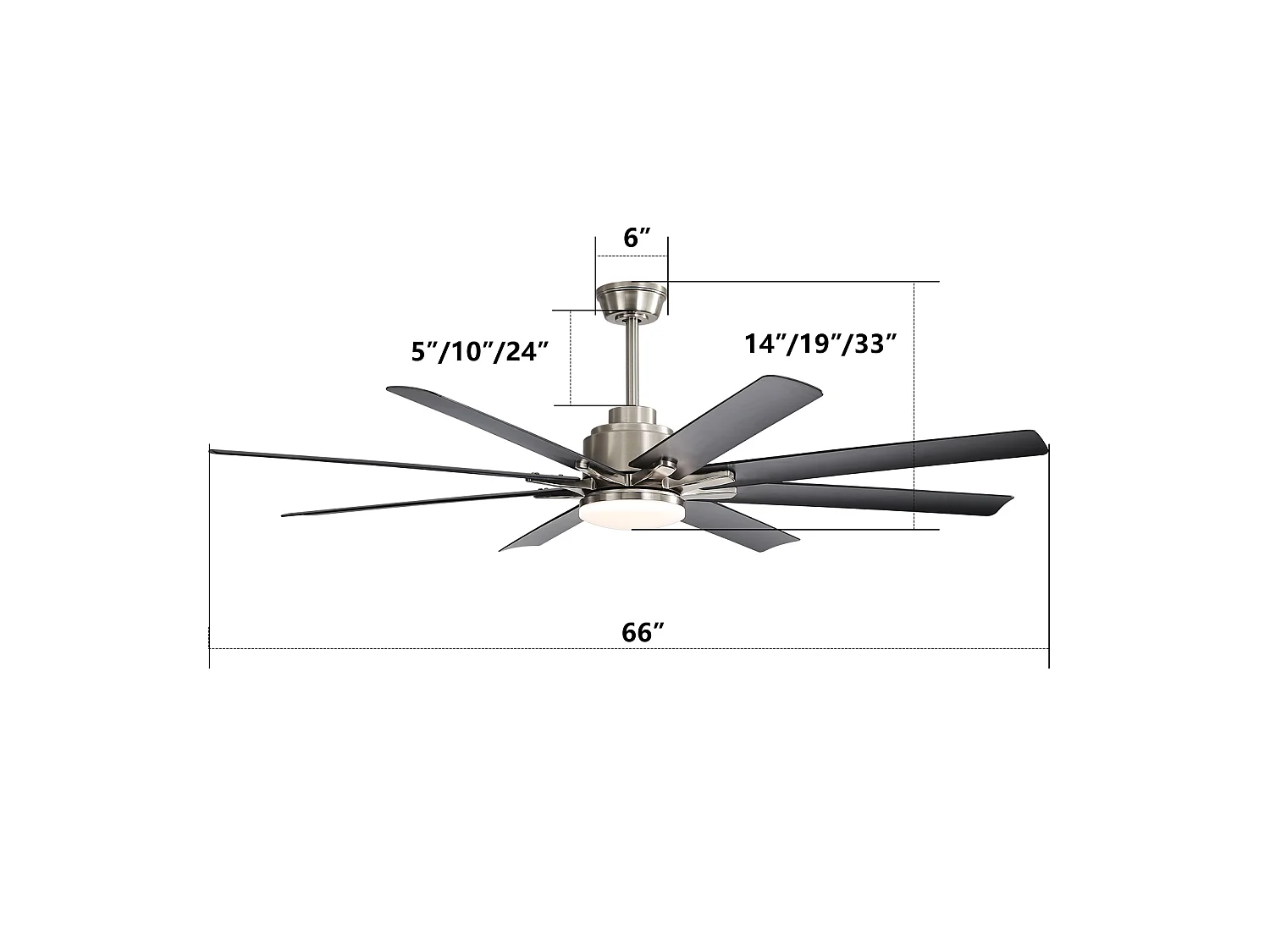 Ventilateur de plafond intelligent 168 cm avec 8 pales, éclairage LED à intensité variable et 6 vitesses (réversible)