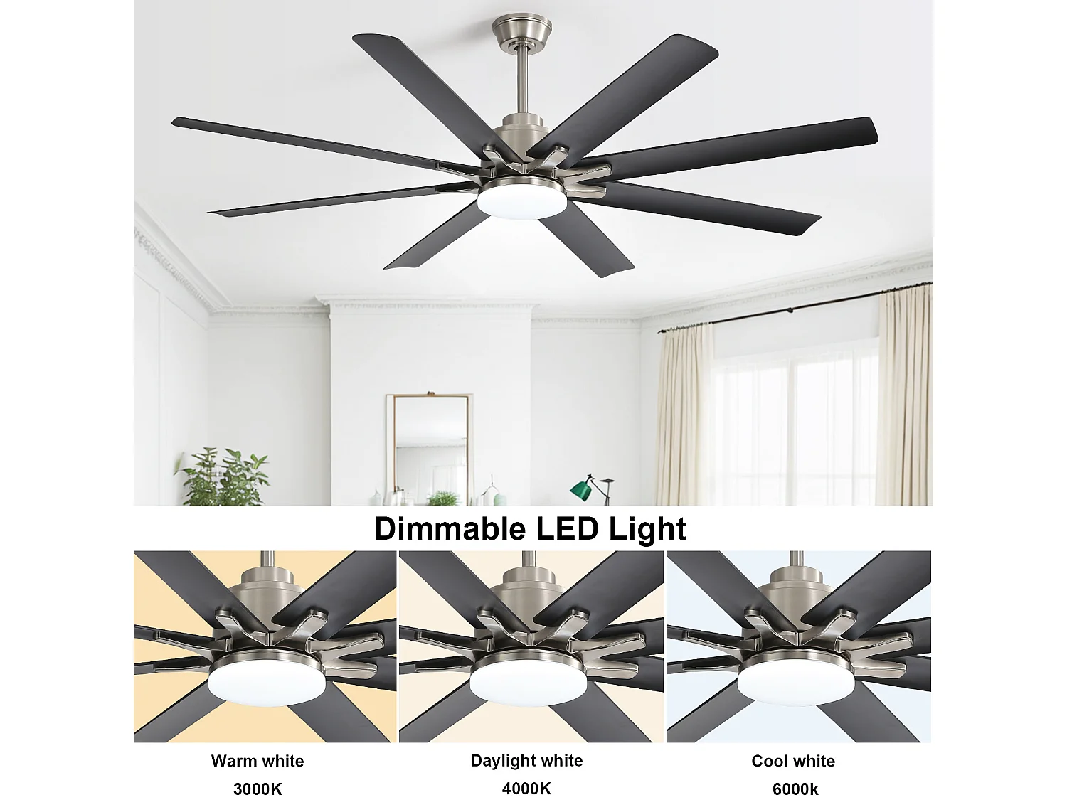 Ventilateur de plafond intelligent 168 cm avec 8 pales, éclairage LED à intensité variable et 6 vitesses (réversible)
