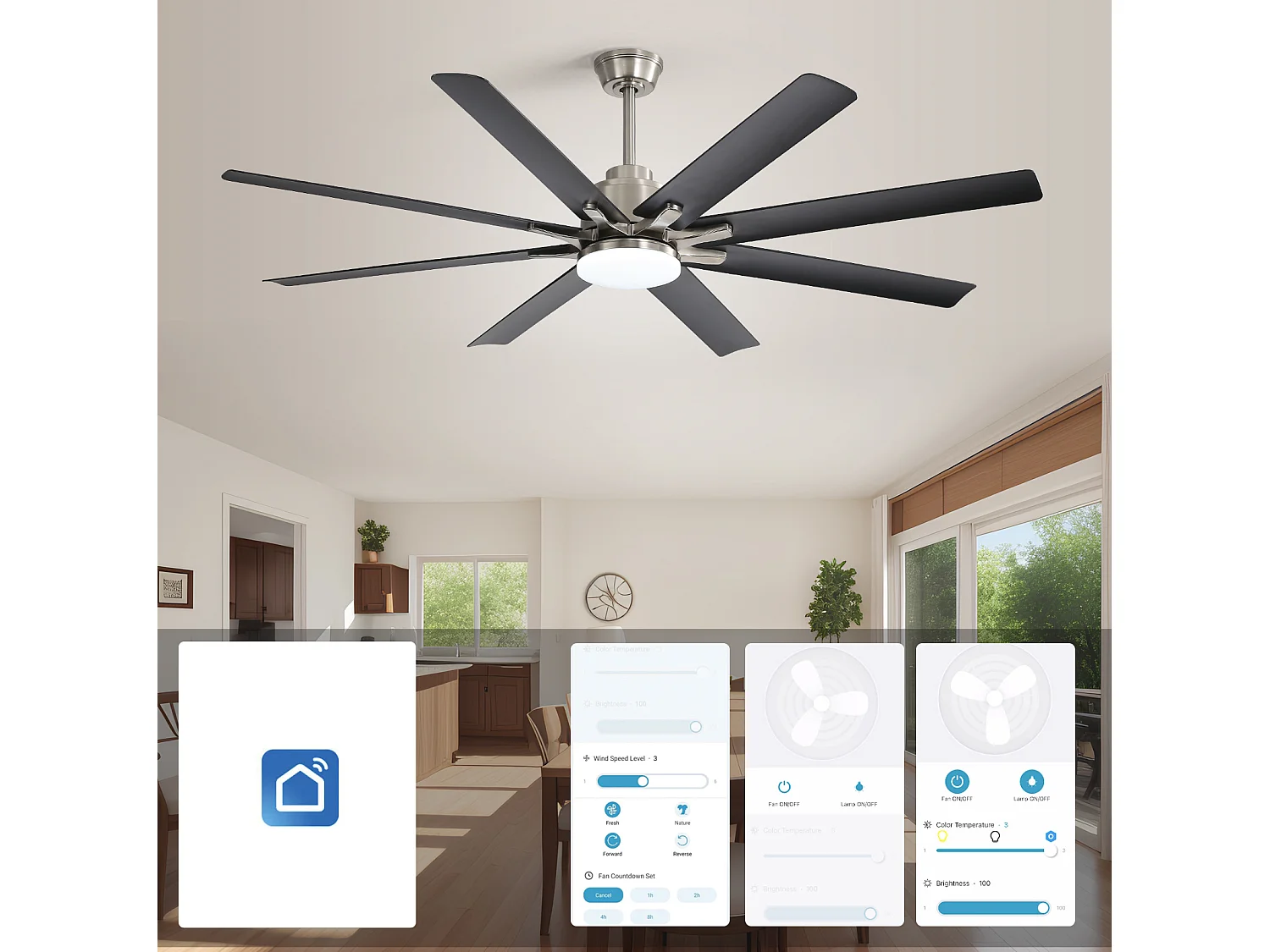 Ventilateur de plafond intelligent 168 cm avec 8 pales, éclairage LED à intensité variable et 6 vitesses (réversible)