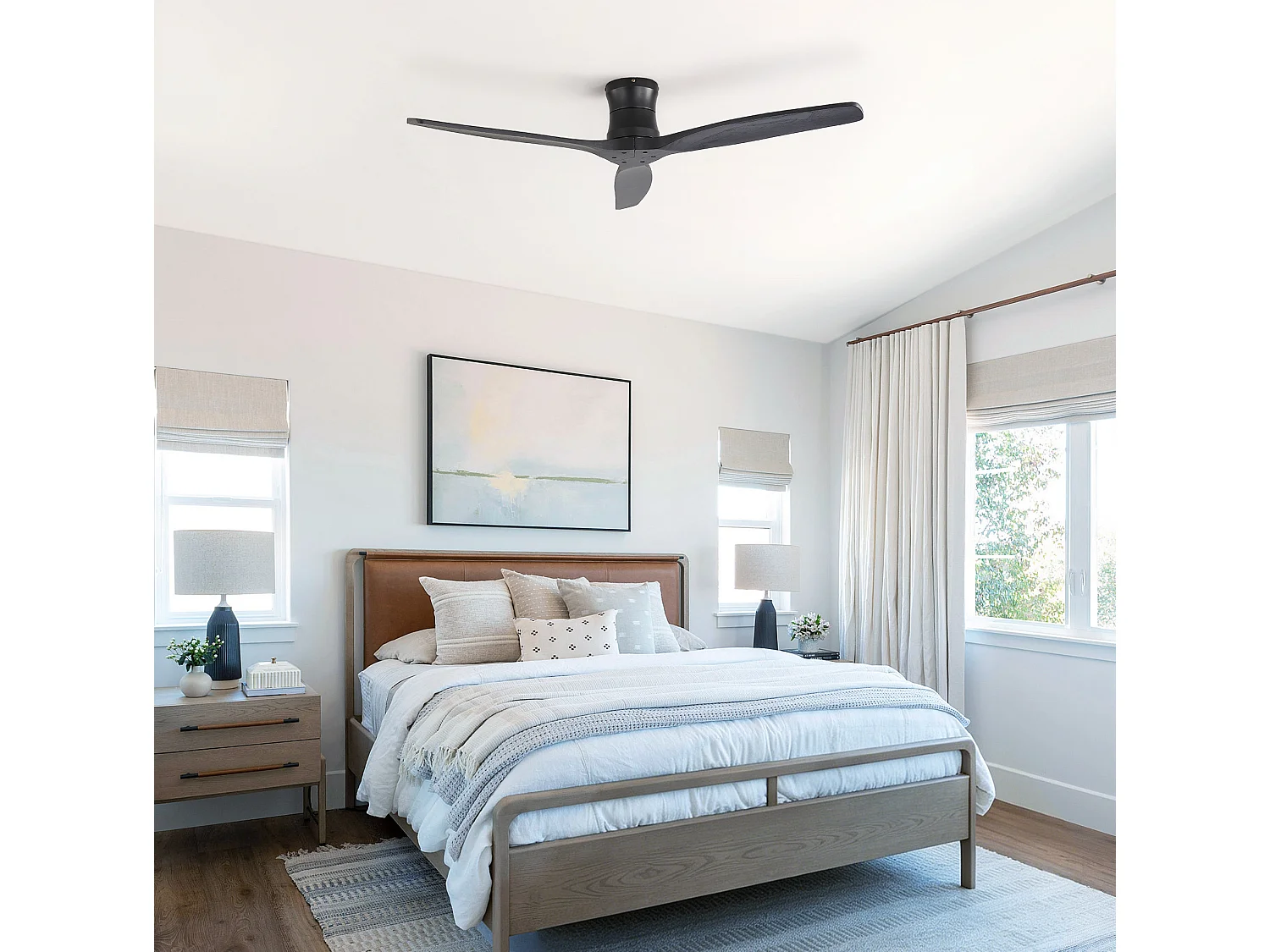 Ventilateur de plafond de 132 cm en noir mat sans éclairage - 3 pales en bois , minuterie et 6 vitesses