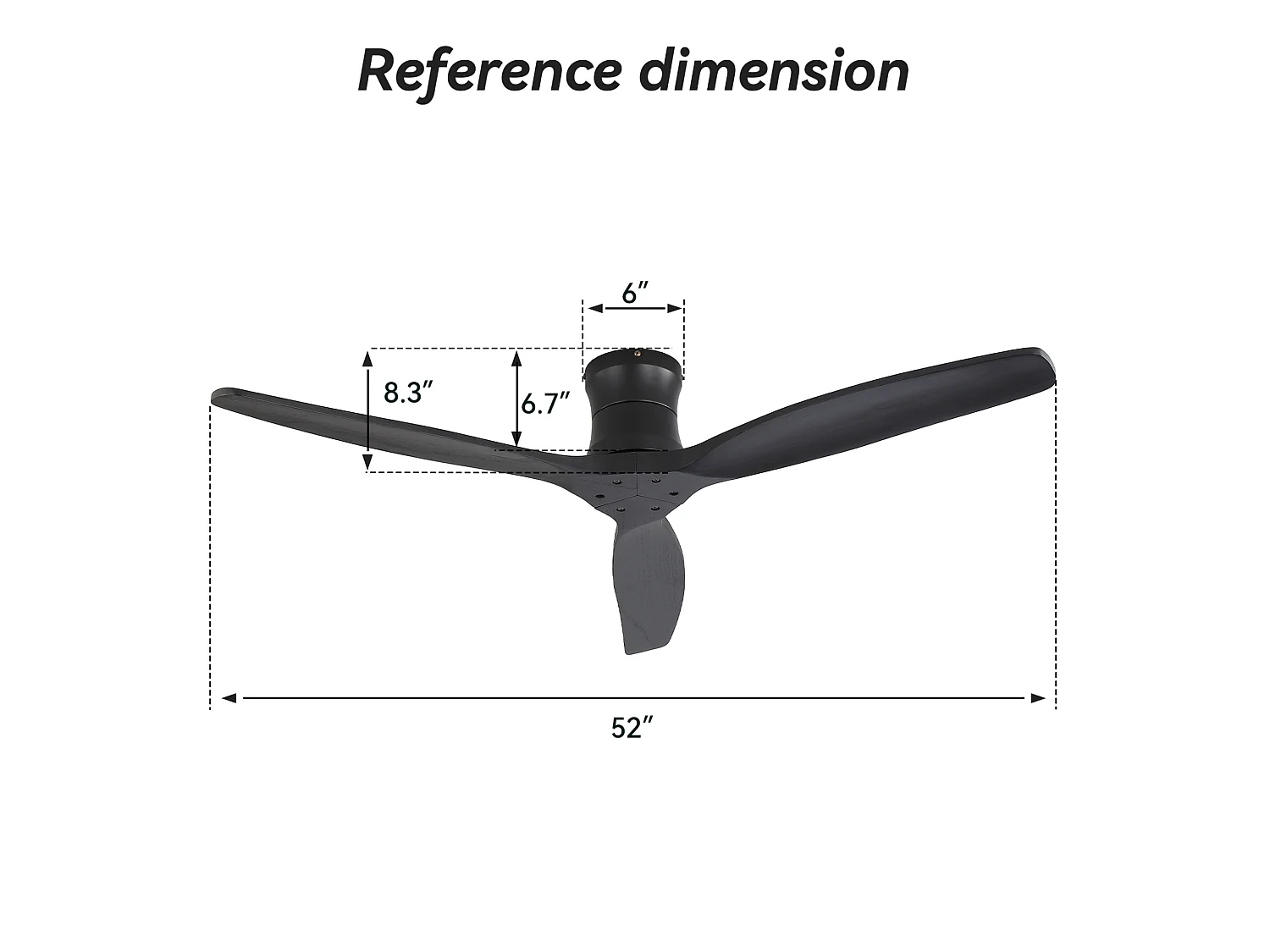 Ventilateur de plafond de 132 cm en noir mat sans éclairage - 3 pales en bois , minuterie et 6 vitesses