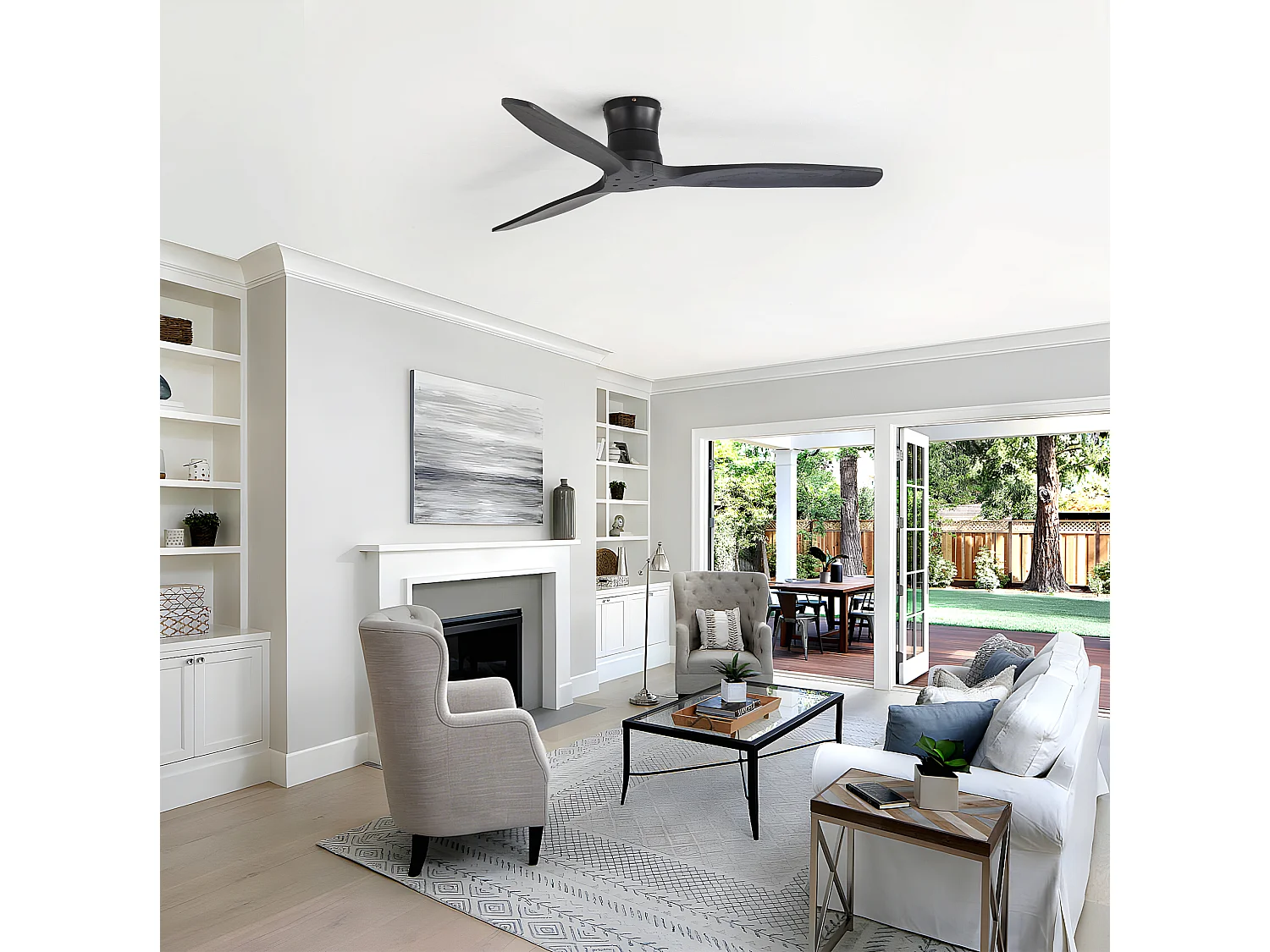 Ventilateur de plafond de 132 cm en noir mat sans éclairage - 3 pales en bois , minuterie et 6 vitesses