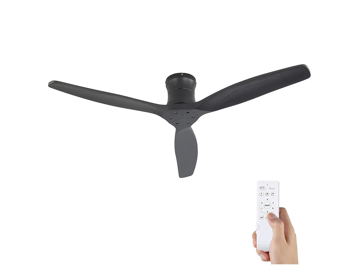 Ventilateur de plafond de 132 cm en noir mat sans éclairage - 3 pales en bois , minuterie et 6 vitesses