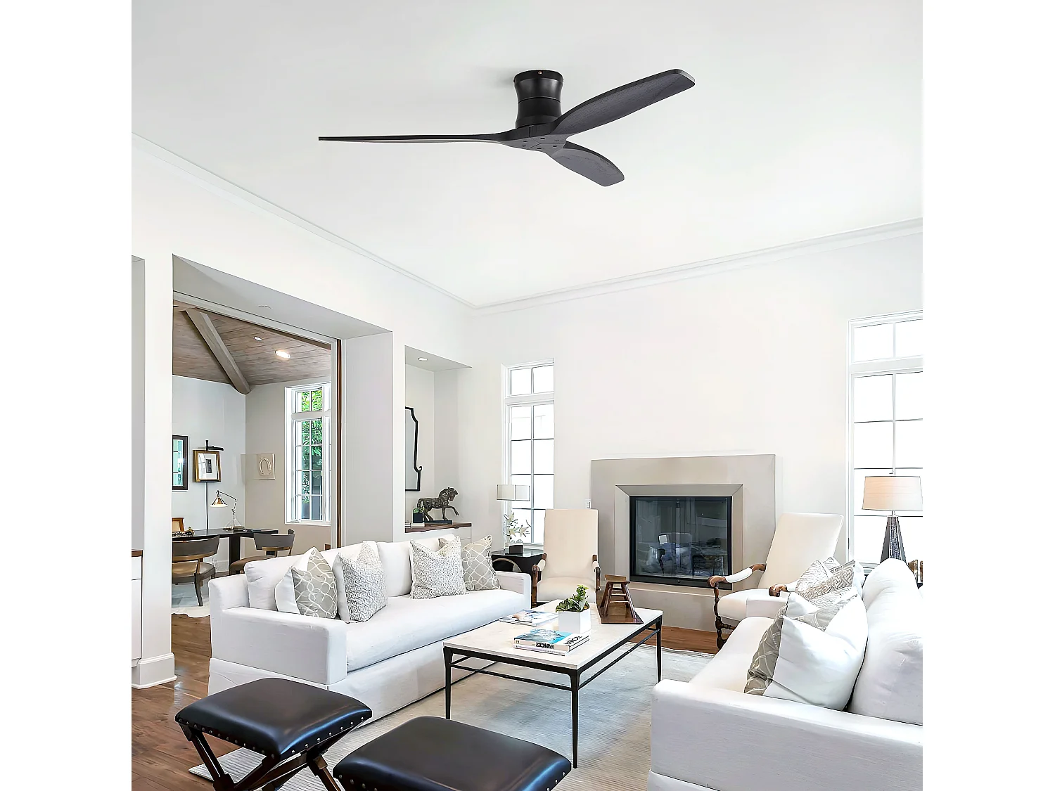 Ventilateur de plafond de 132 cm en noir mat sans éclairage - 3 pales en bois , minuterie et 6 vitesses