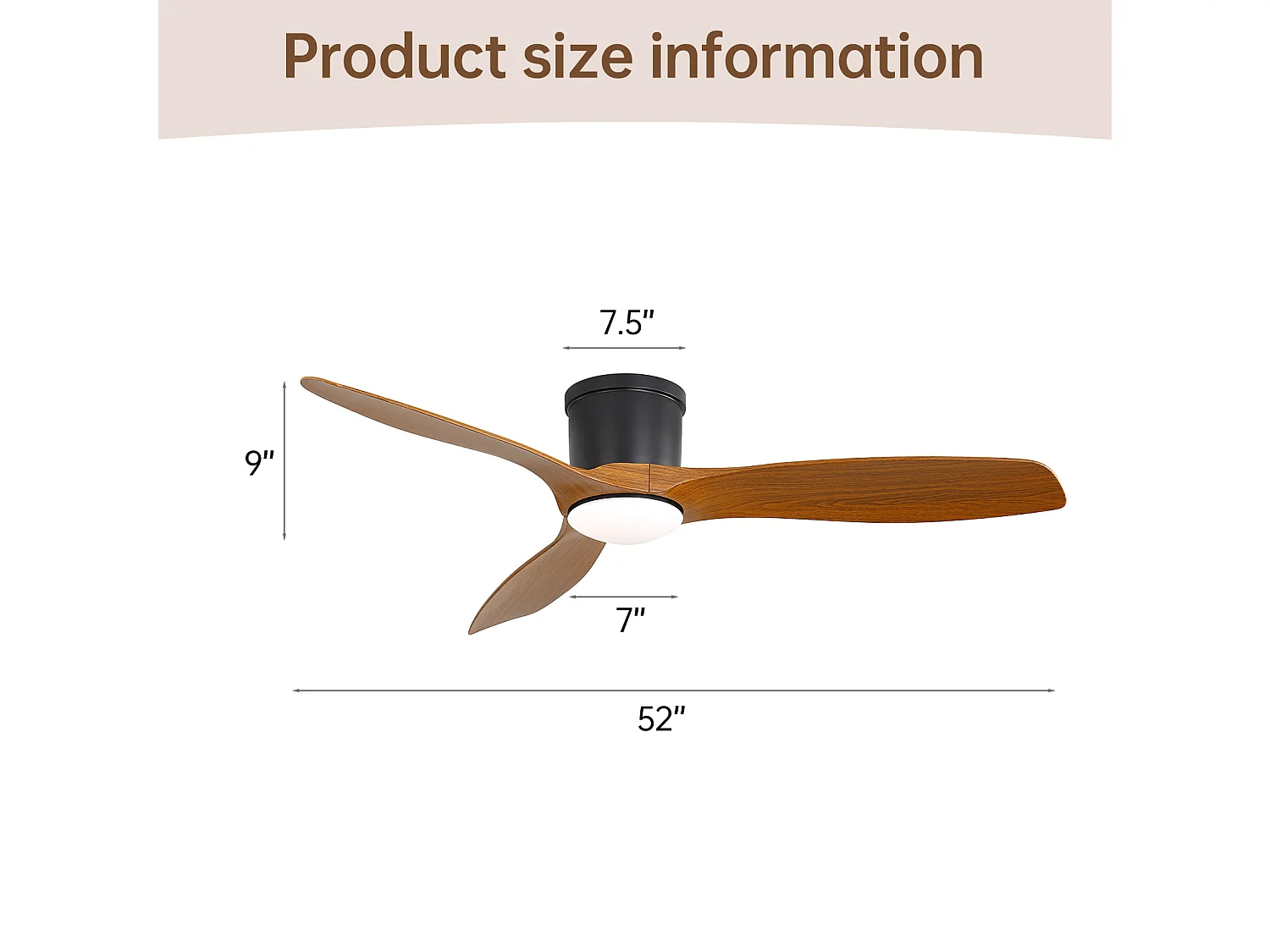 Ventilateur de plafond 132 cm avec télécommande, éclairage LED 18 W à 3 couleurs