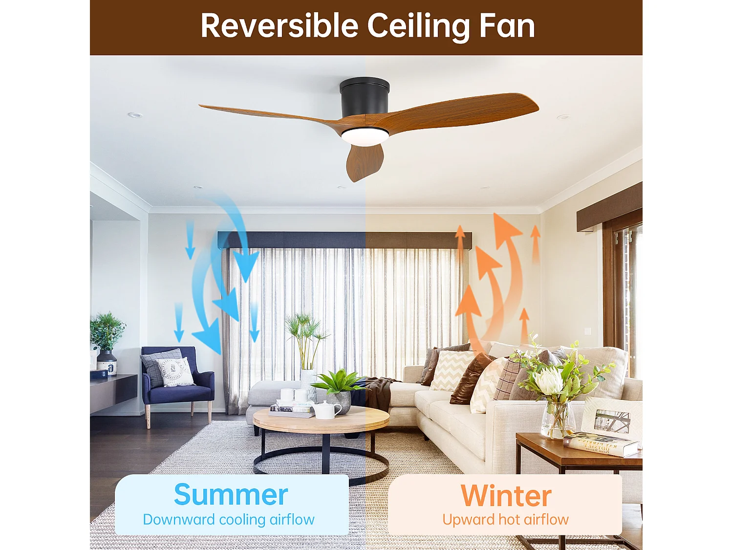 Ventilateur de plafond 132 cm avec télécommande, éclairage LED 18 W à 3 couleurs
