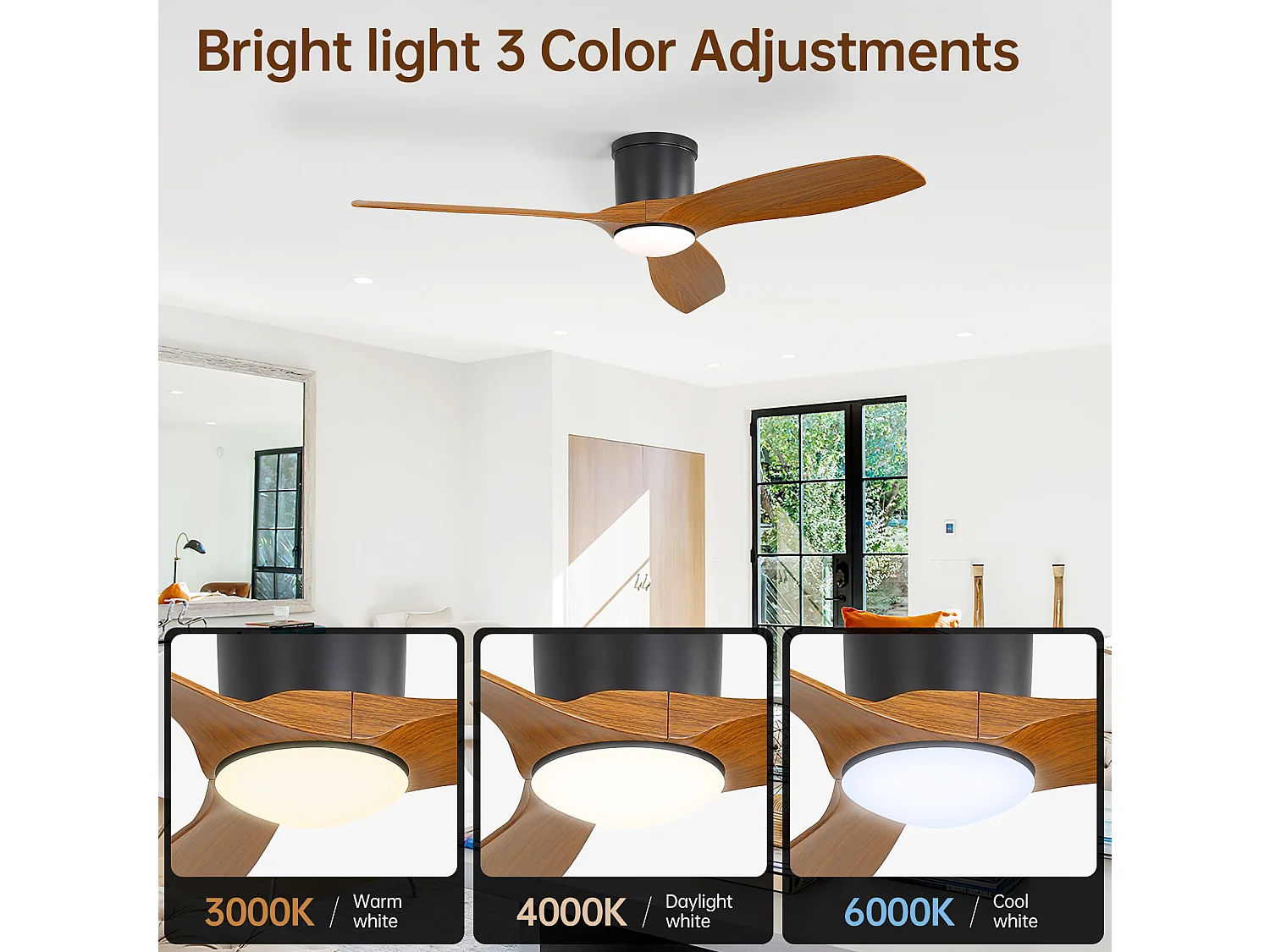 Ventilateur de plafond 132 cm avec télécommande, éclairage LED 18 W à 3 couleurs