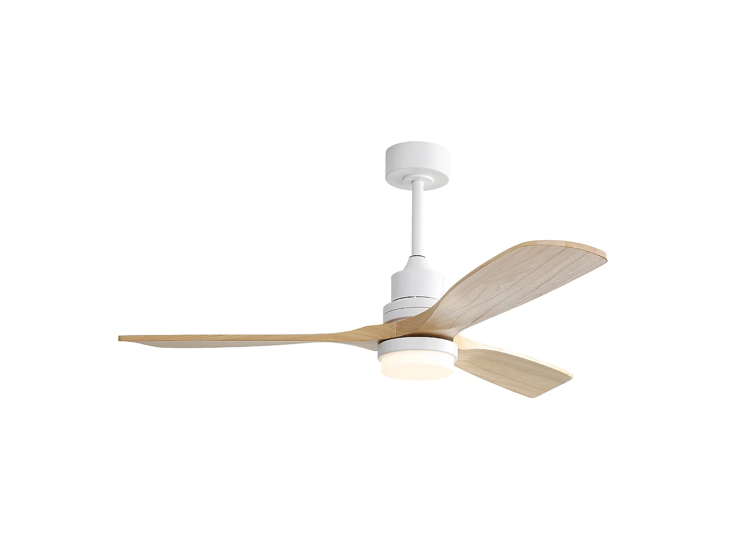 Ventilateur de plafond 132 cm avec éclairage LED à intensité variable, 6 vitesses et 3 pales en bois