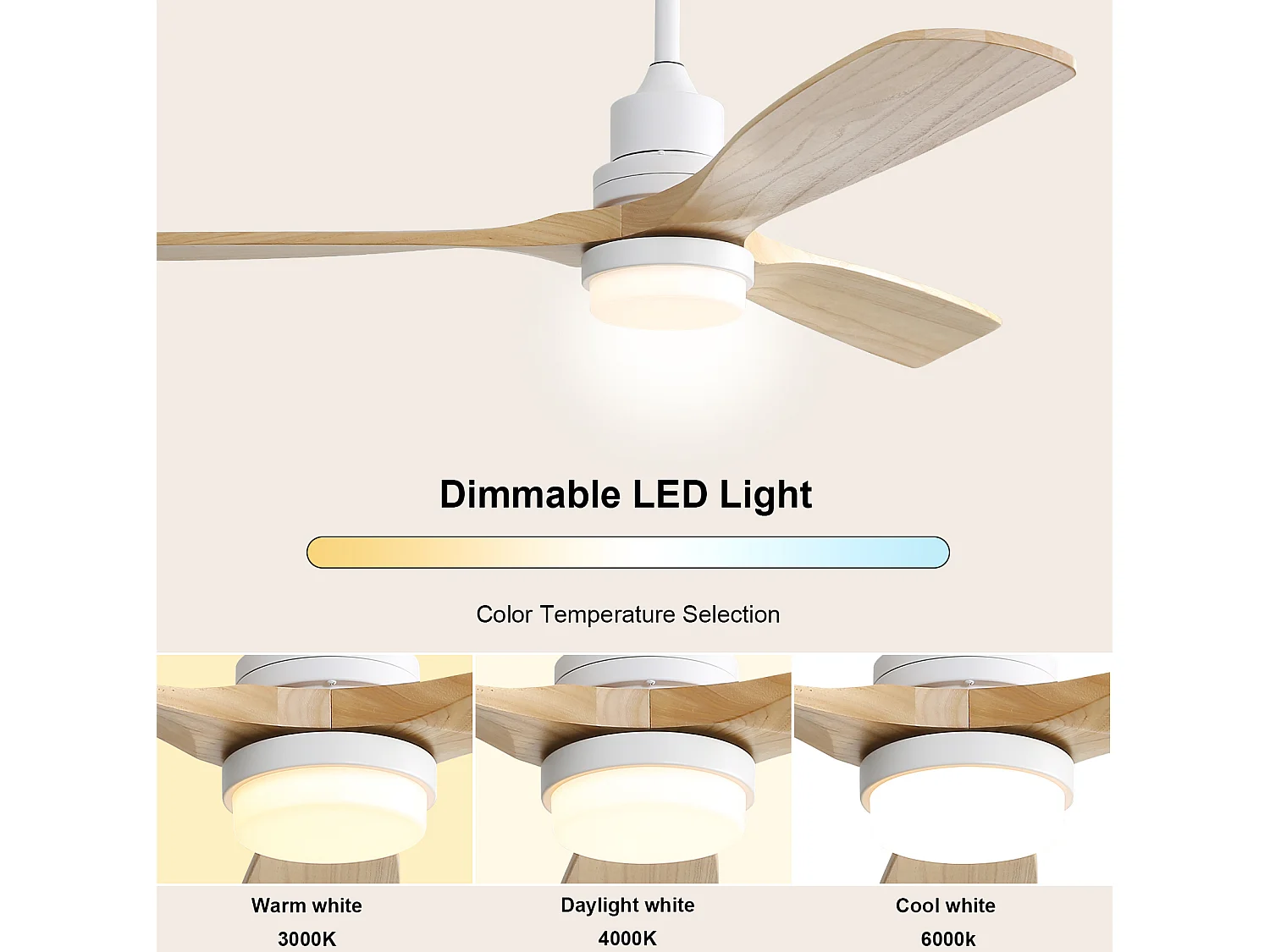 Ventilateur de plafond 132 cm avec éclairage LED à intensité variable, 6 vitesses et 3 pales en bois