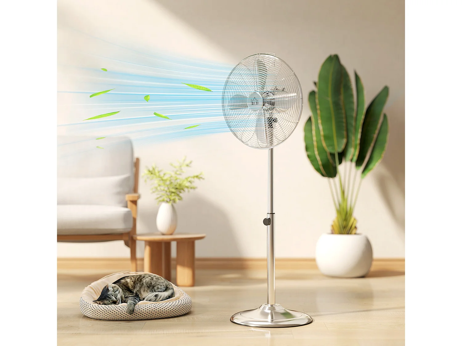 Ventilateur sur pied en acier réglable 87-120 cm à oscillation 70°, 3 vitesses - Argenté