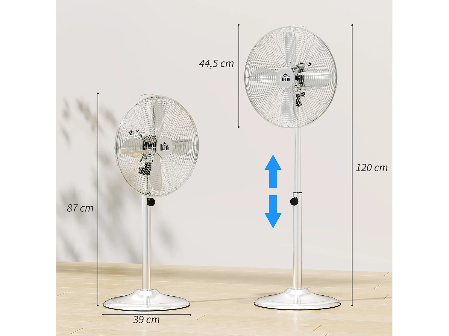 Ventilateur sur pied en acier réglable 87-120 cm à oscillation 70°, 3 vitesses - Argenté