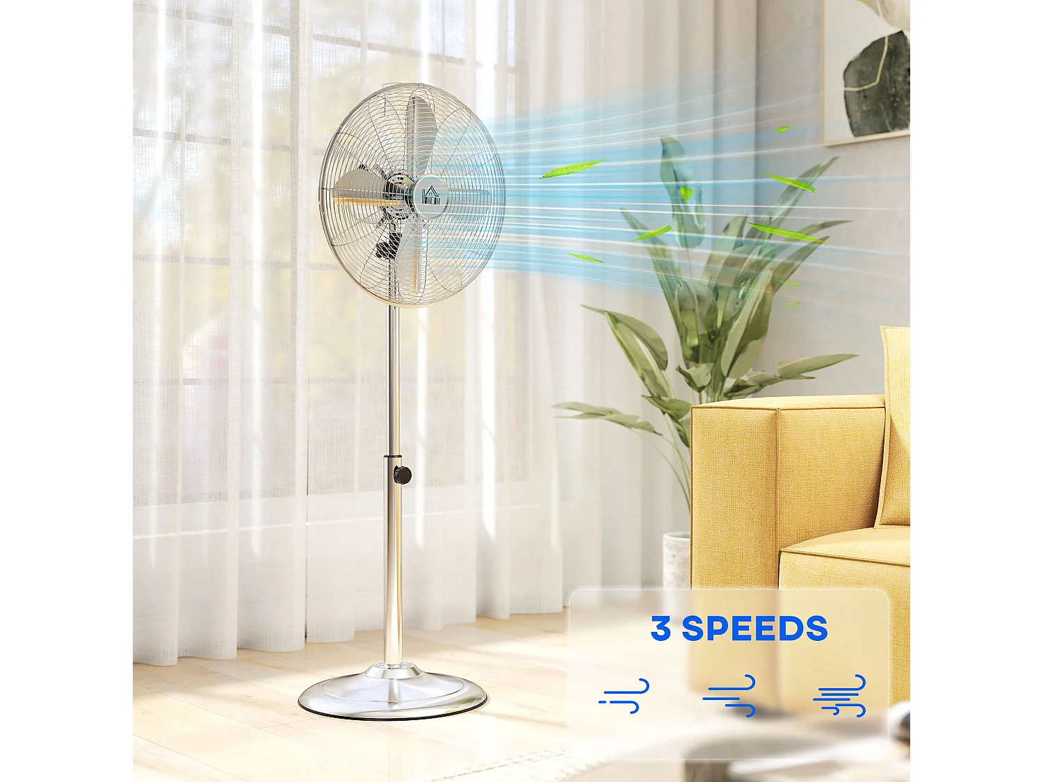Ventilateur sur pied en acier réglable 87-120 cm à oscillation 70°, 3 vitesses - Argenté