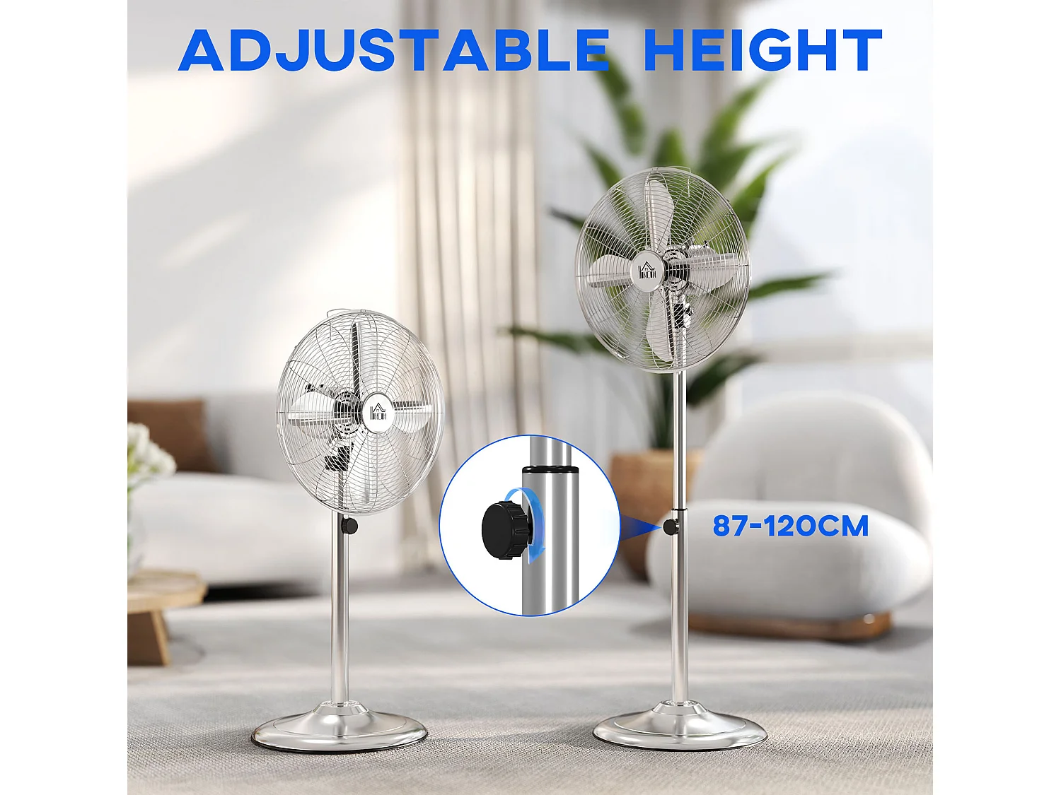 Ventilateur sur pied en acier réglable 87-120 cm à oscillation 70°, 3 vitesses - Argenté