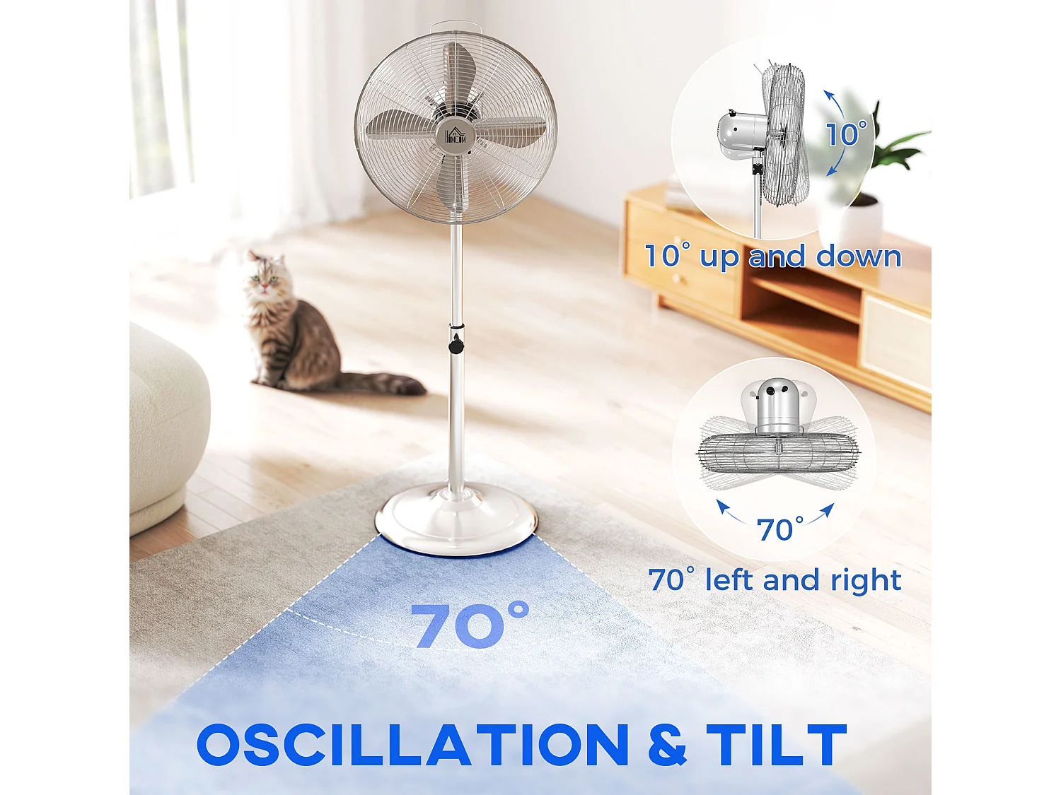 Ventilateur sur pied en acier réglable 87-120 cm à oscillation 70°, 3 vitesses - Argenté