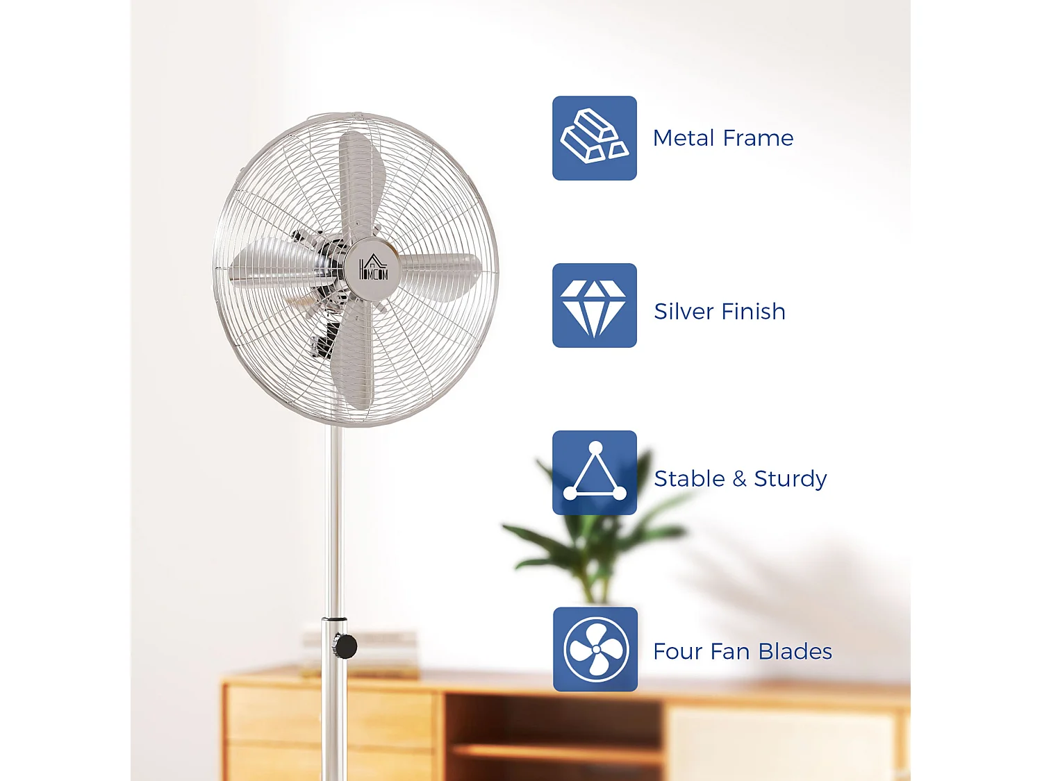 Ventilateur sur pied en acier réglable 87-120 cm à oscillation 70°, 3 vitesses - Argenté