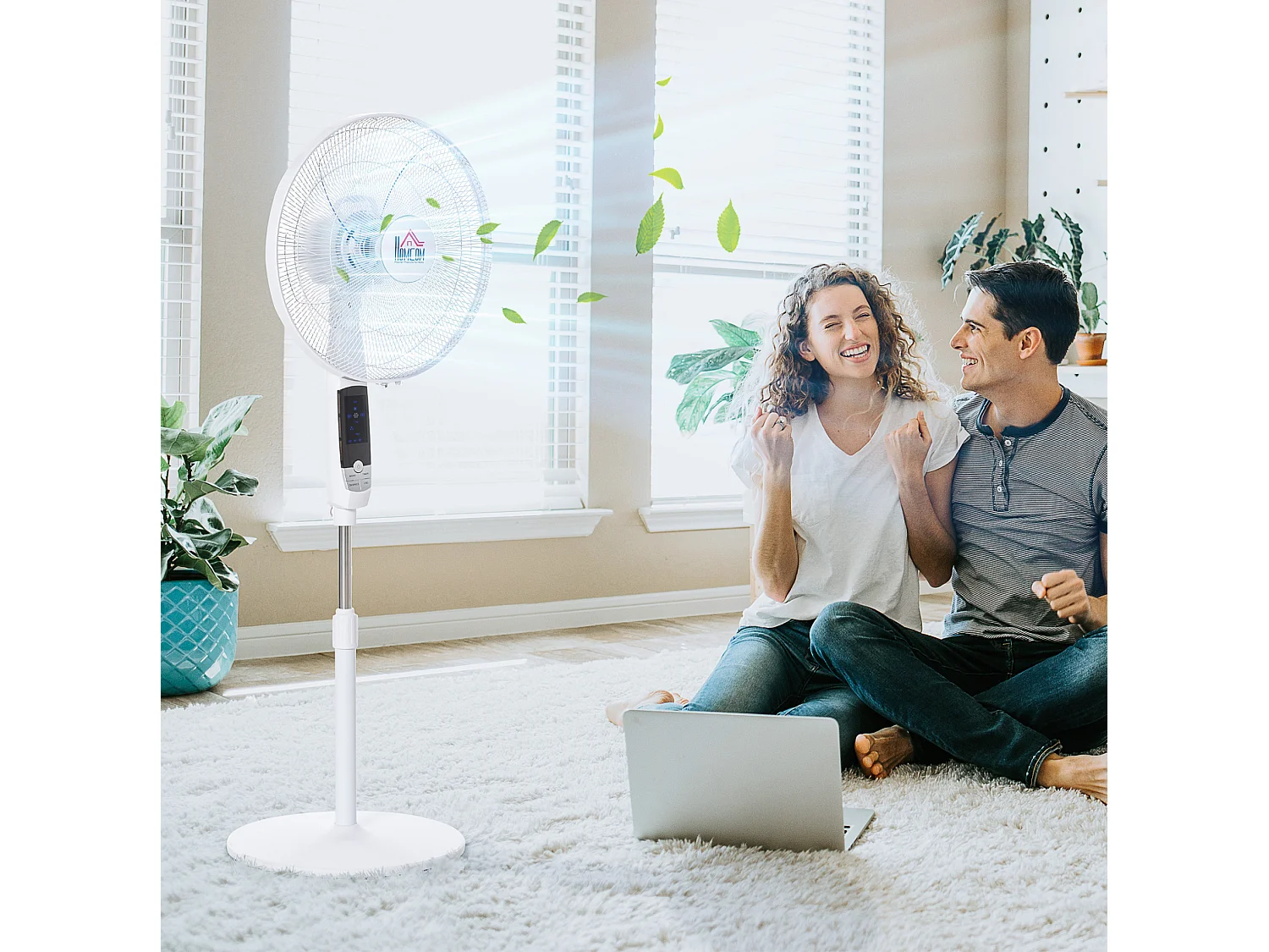 Ventilateur sur pied blanc 45x42x118-138 cm avec 3 vitesses et minuterie