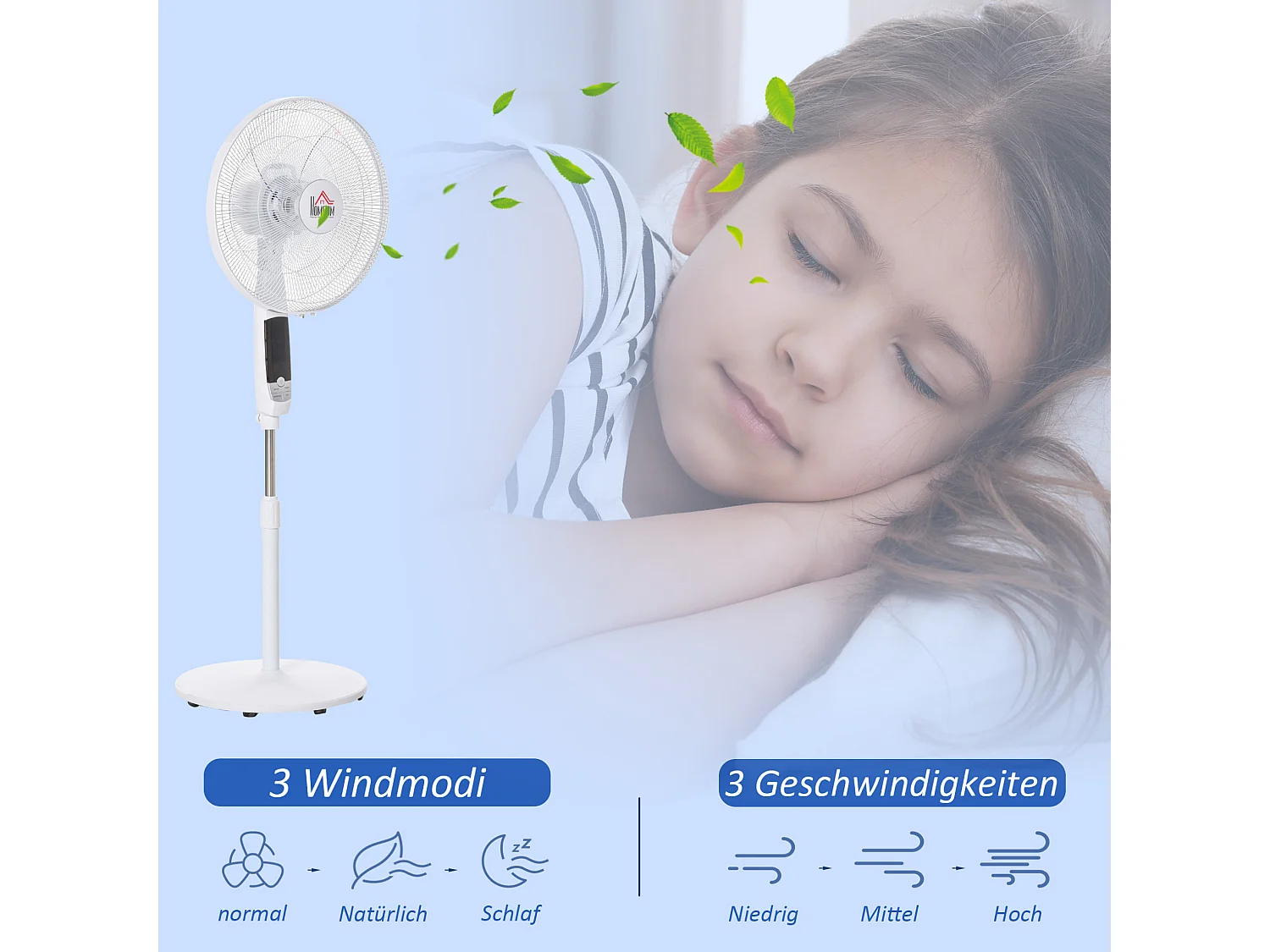 Ventilateur sur pied blanc 45x42x118-138 cm avec 3 vitesses et minuterie