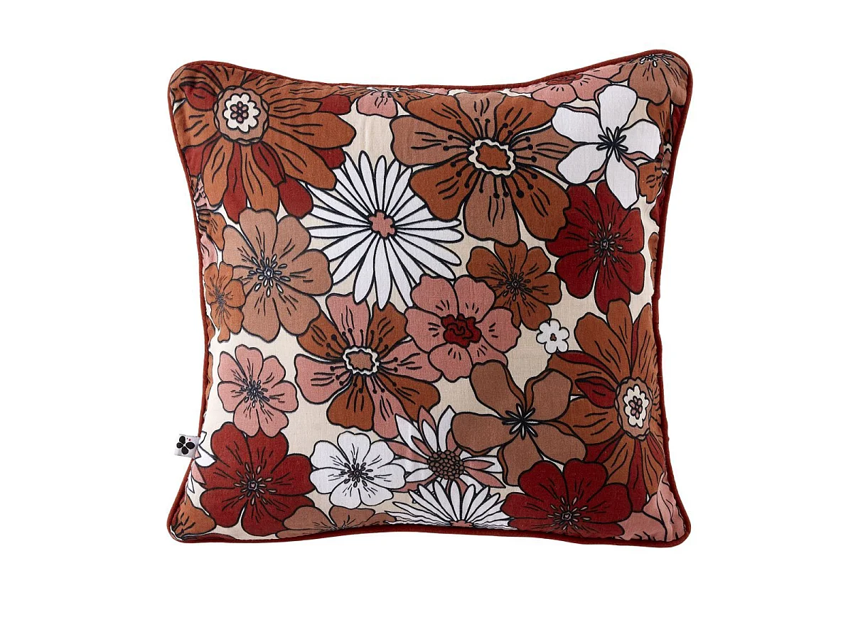Coussin déhoussable 45x45cm gaze de coton imprimé Floral coloris terracotta - ANASTASIA