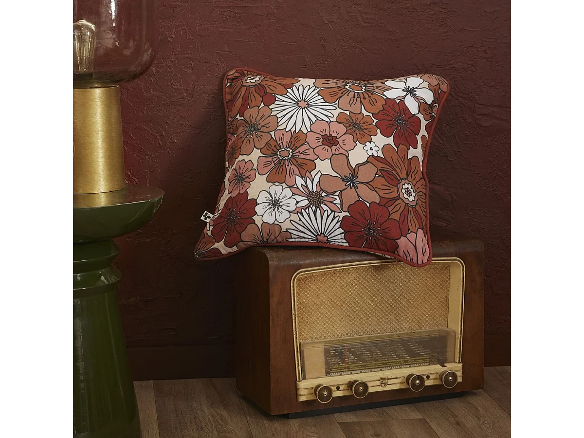 Coussin déhoussable 45x45cm gaze de coton imprimé Floral coloris terracotta - ANASTASIA