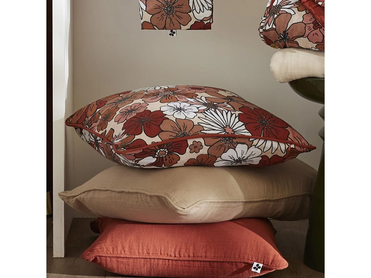 Coussin déhoussable 45x45cm gaze de coton imprimé Floral coloris terracotta - ANASTASIA
