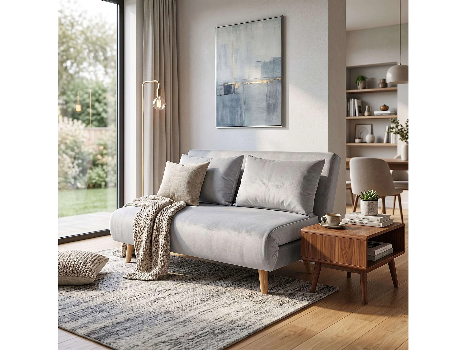 Sillón cama 2 plazas Gris Claro patas madera 118 cm