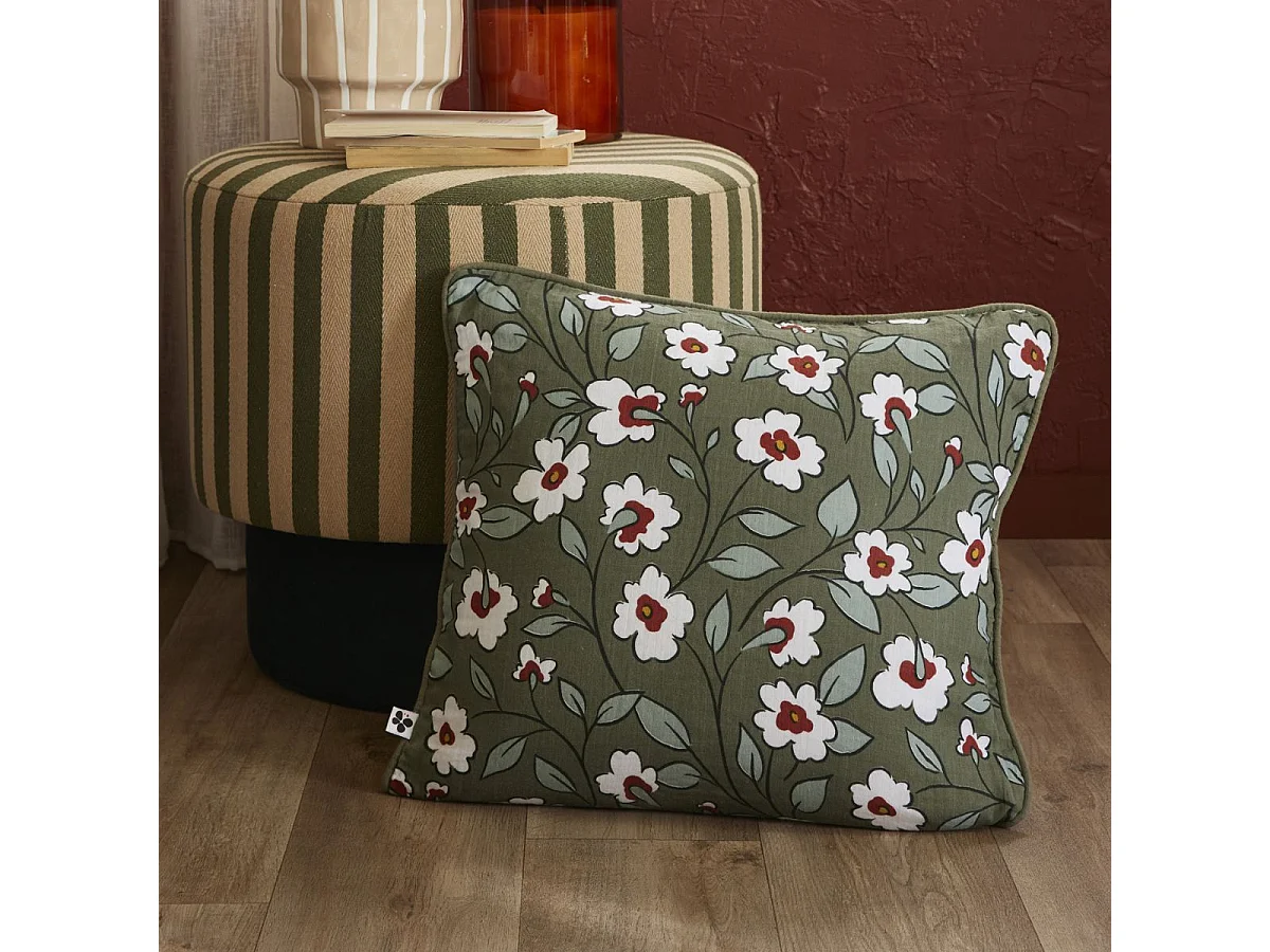 Coussin déhoussable 45x45cm gaze de coton imprimé Floral coloris vert - FLORIANE