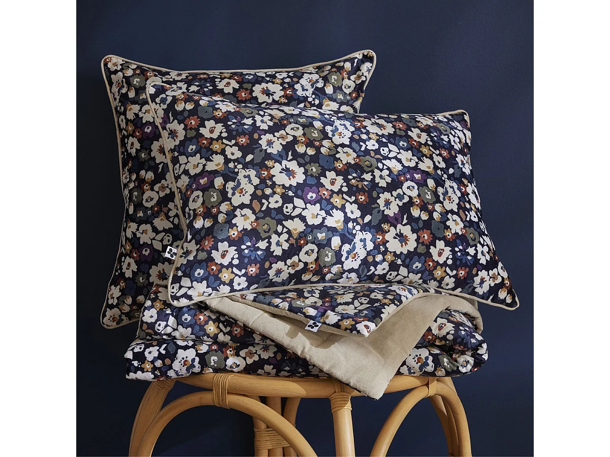 Coussin déhoussable 40x60cm velours imprimé petites fleurs coloris bleu marine - CORINNE