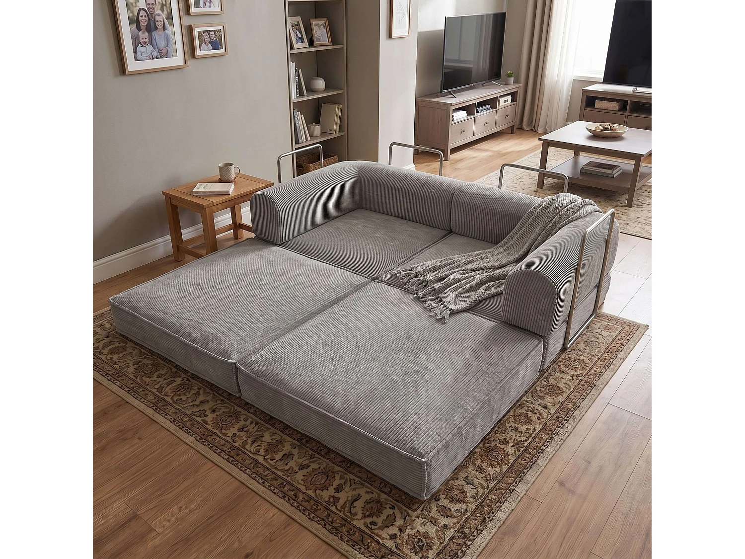 Sofá-cama Relax Nest de 2 lugares em veludo cotelê cinza claro, 182 cm