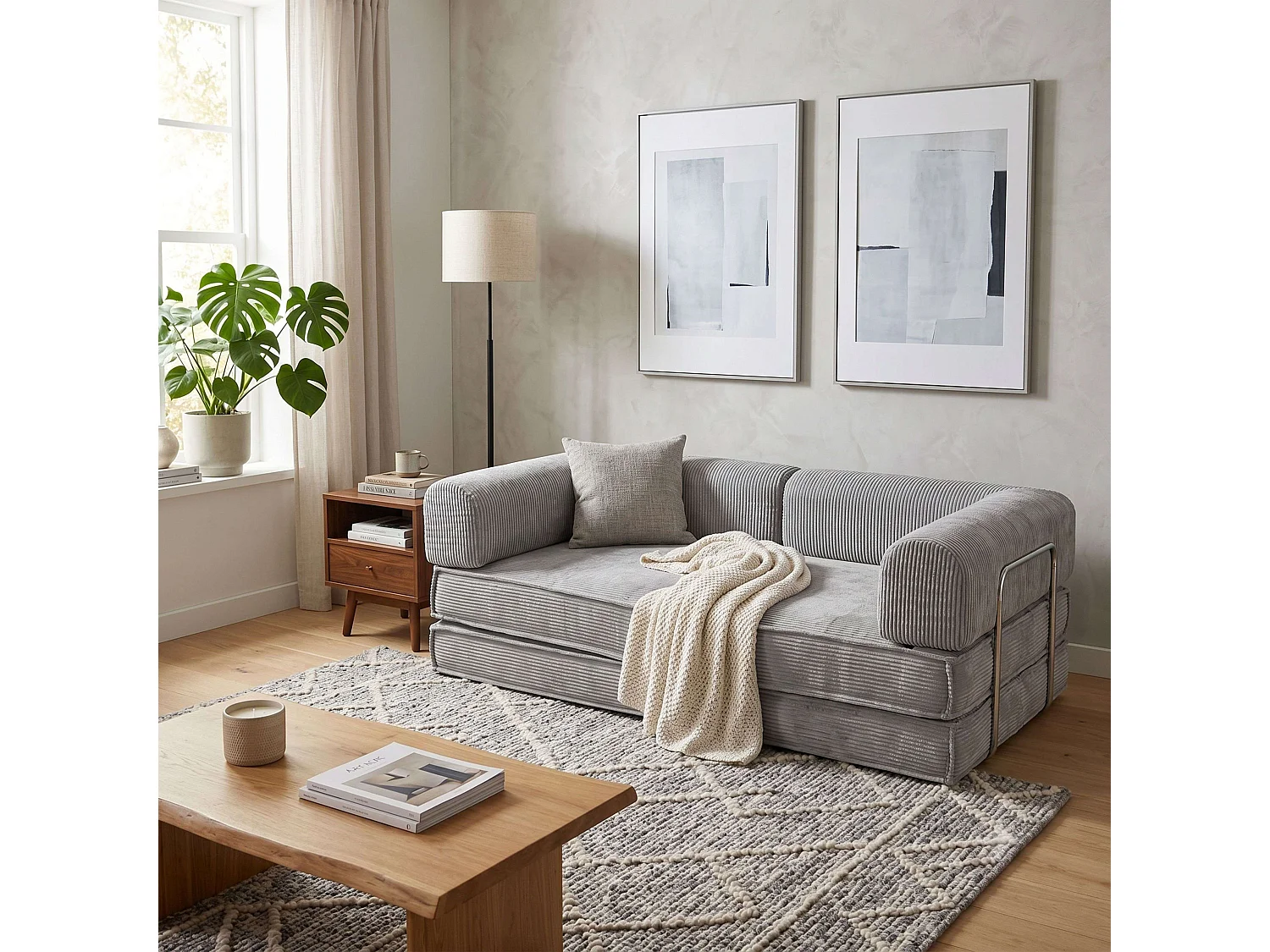 Sofá-cama Relax Nest de 2 lugares em veludo cotelê cinza claro, 182 cm