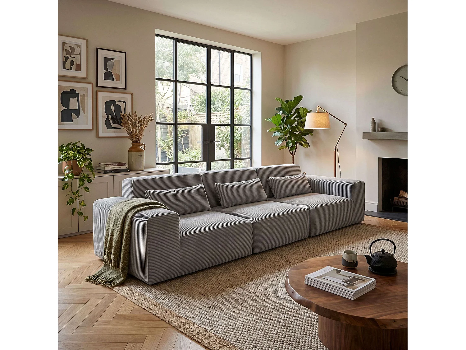 Sofá modular Horizon cinza claro de 3 lugares, 307 cm
