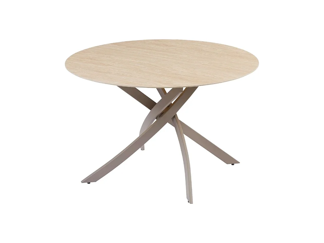 Table de salle à manger ronde ARAVIS 120 cm – Céramique beige effet pierre et piètement design marron
