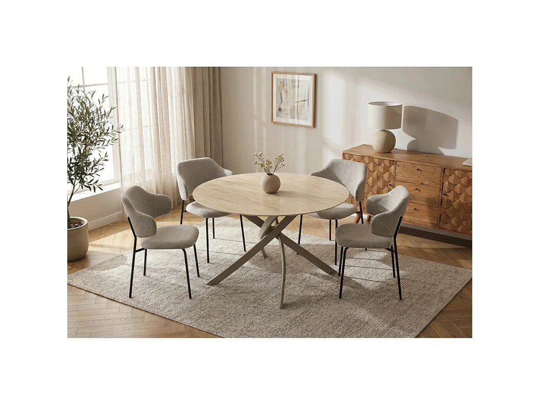 Table de salle à manger ronde ARAVIS 120 cm – Céramique beige effet pierre et piètement design marron