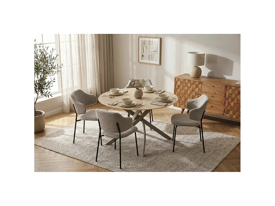 Table de salle à manger ronde ARAVIS 120 cm – Céramique beige effet pierre et piètement design marron