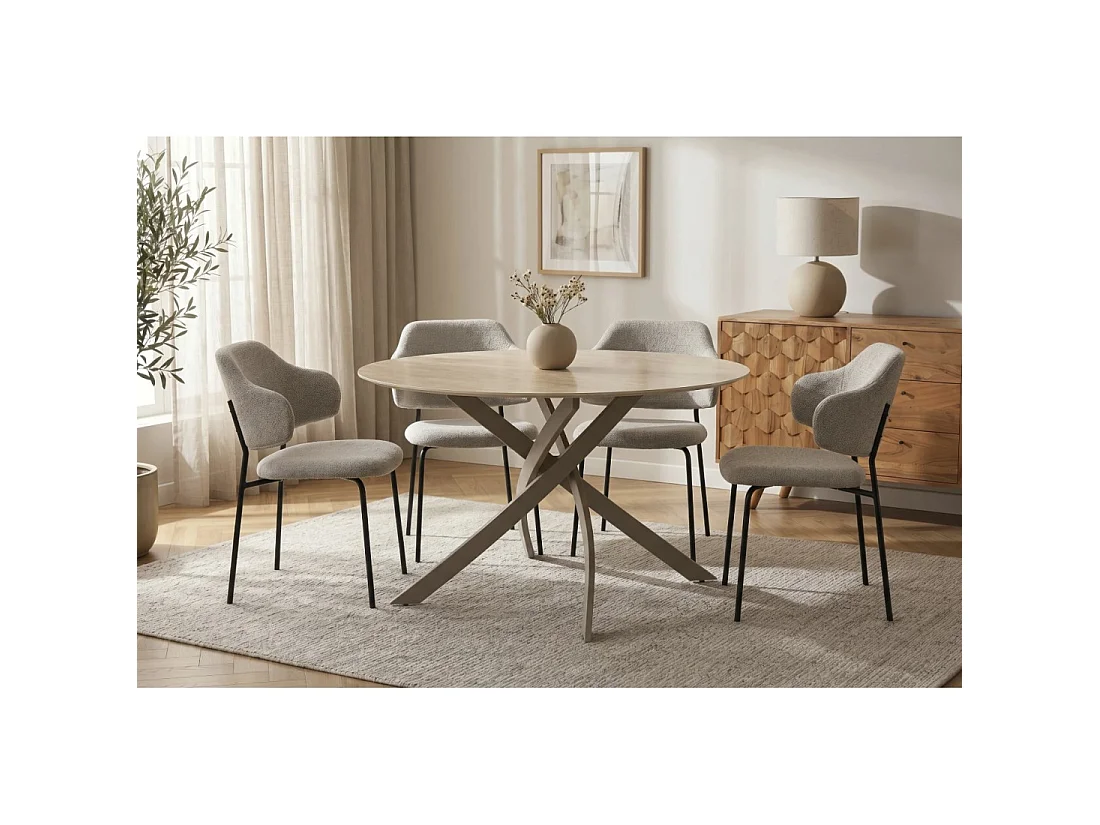 Table de salle à manger ronde ARAVIS 120 cm – Céramique beige effet pierre et piètement design marron