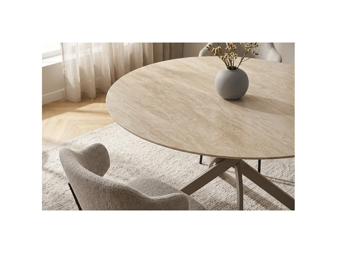 Table de salle à manger ronde ARAVIS 120 cm – Céramique beige effet pierre et piètement design marron